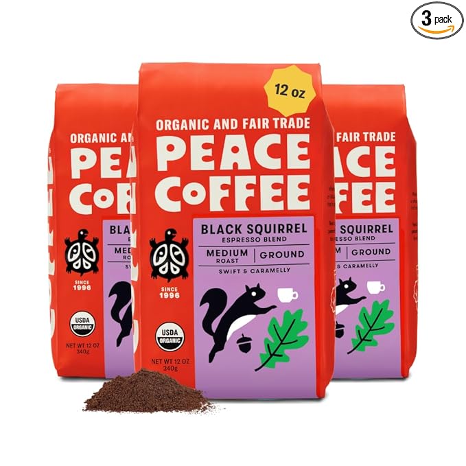 Peace Coffee Black Squirrel Espresso Blend Ground Medium Roast Coffee 12 oz Pack of 3 Organic Fair Trade Smooth Classic Flavor Shade Grown Fresh Roasted