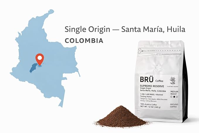 BRÜ Coffee Colombian Ground Coffee - Medium Roast - Single Origin – Huila High Elevation – 100% Arabica – Washed
