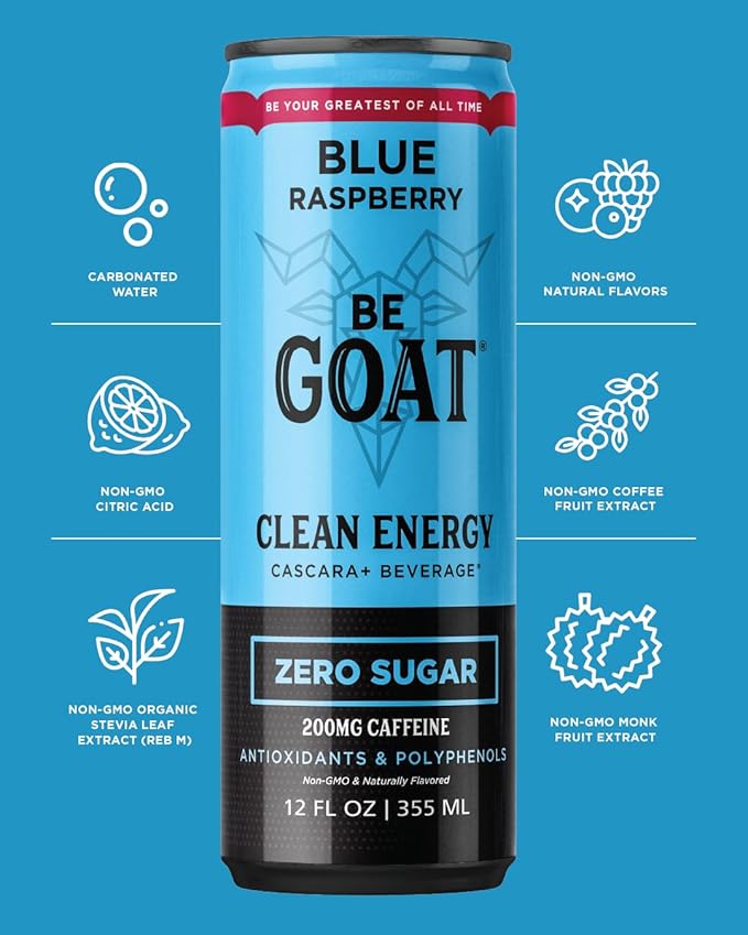BeGOAT Clean Energy | Blue Raspberry Zero Sugar | 6 Ingredients Plant-Based Zero Sugar Non-GMO Vegan | 200mg Natural Caffeine | 12 fl oz Cans (Pack of 12)