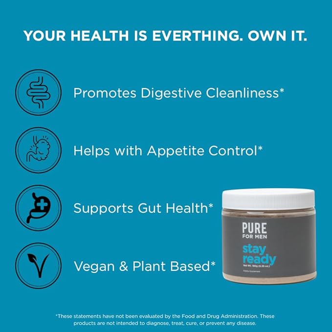 Pure for Men Original Cleanliness Stay Ready Fiber Supplement Powder | Helps Promote Digestive Regularity | Psyllium Husk Aloe Vera Chia Seeds Flaxseeds | Proprietary Formula | 180 gm Vegan Blend