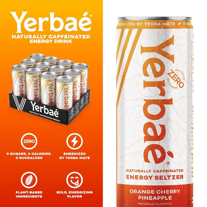 Yerbaé Energy Seltzer - Orange Cherry Pineapple No Sugar/Calories/Carbs. Energized by Yerba Mate Naturally Caffeinated Plant-Based Healthy Alternative to Coffee/Sugary Sodas Pack of 12 12oz cans