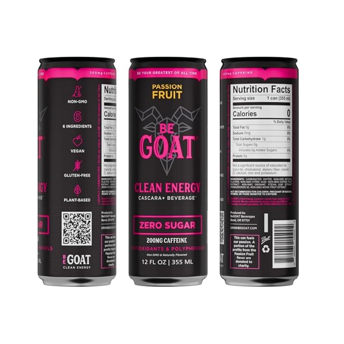 BeGOAT Clean Energy | Zero Sugar Variety Pack | 6 Ingredients Plant-Based Zero Sugar Non-GMO Vegan | 200mg Natural Caffeine | 12 fl oz Cans (Pack of 12)