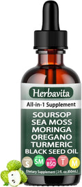 Soursop Liquid Drops 10 in 1 with Sea Moss Moringa Turmeric Black Seed Oil and Other Plant Elements– Vegan Non-GMO Immune &amp Energy Support – 2 fl oz (1pc)