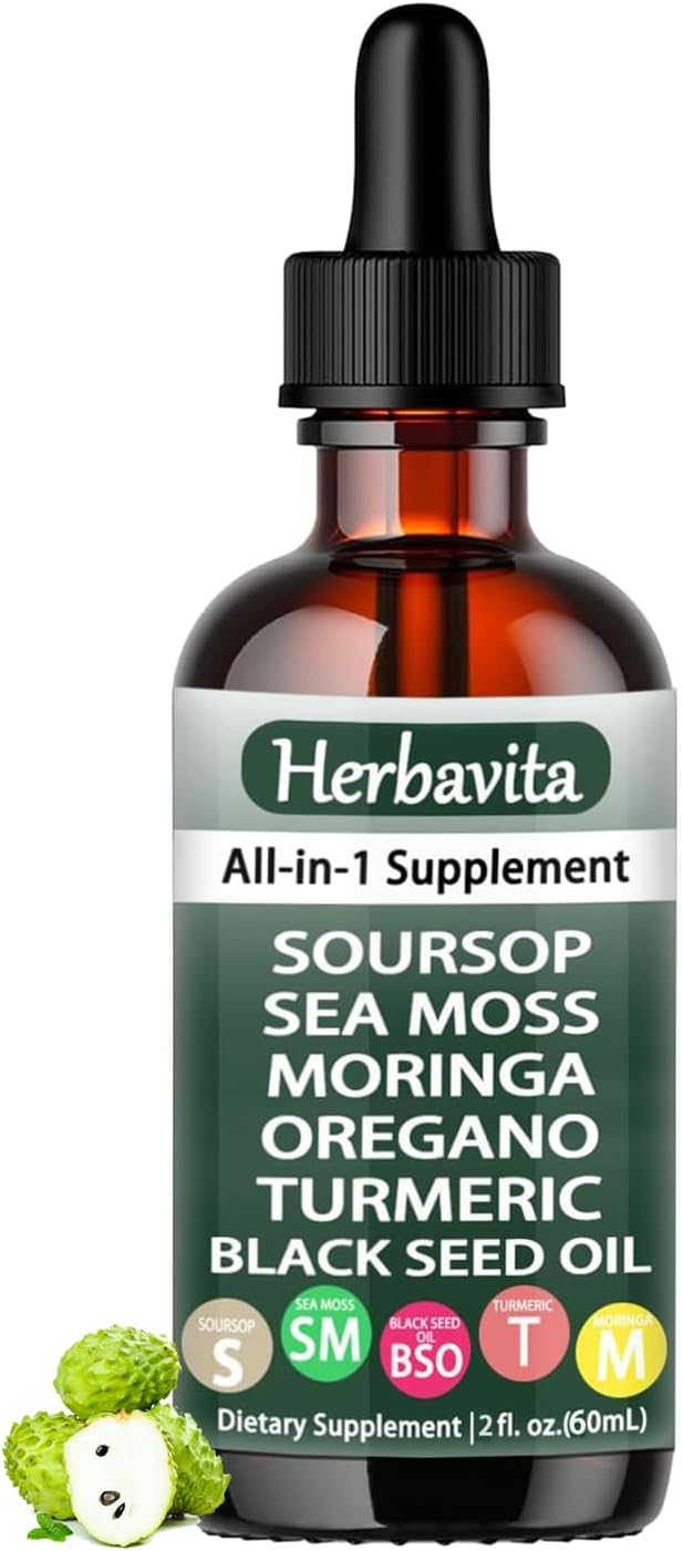 Soursop Liquid Drops 10 in 1 with Sea Moss Moringa Turmeric Black Seed Oil and Other Plant Elements– Vegan Non-GMO Immune &amp Energy Support – 2 fl oz (1pc)