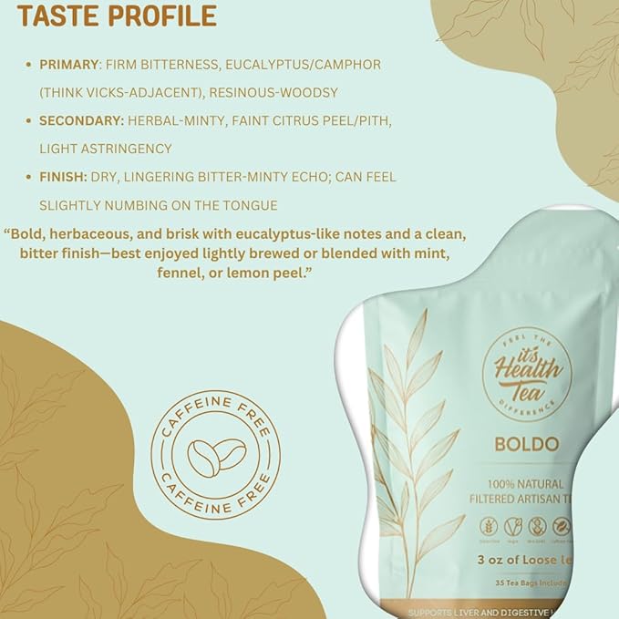 Boldo Herbal Tea — Traditionally Used for Digestive Comfort &amp Healthy Bile Flow | 35 Filtered Tea Bags Included | Caffeine-Free Gluten-Free | 3 oz Loose Leaf