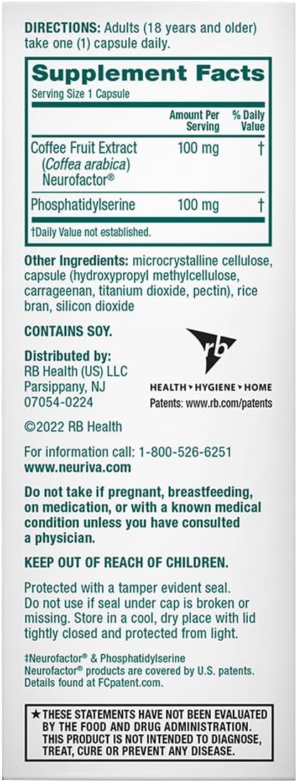 NEURIVA Original Brain Supplement for Memory Focus &amp Concentration + Learning &amp Accuracy with Clinically Tested Nootropics Phosphatidylserine and Neurofactor Caffeine Free 30 Capsules (3 Pa