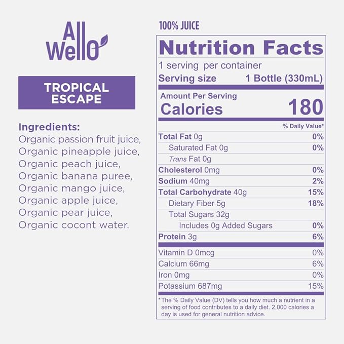 AllWellO Organic Cold Pressed Juice Drinks with Real Fruits and Vegetables Gluten Free Non-GMO Healthy Juices No Preservatives No Sugar Added (Tropical Escape 12 Pack)