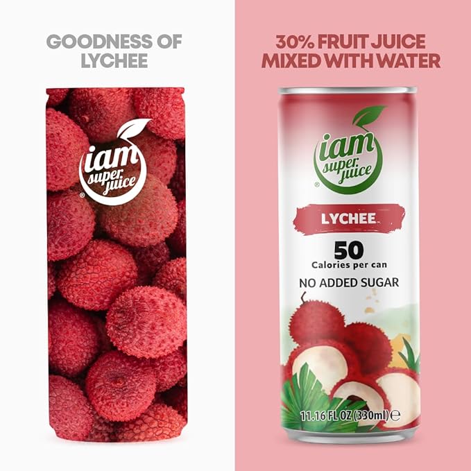 Lychee Fruit Juice Drink 100% Natural - I am Superjuice - No added sugars concentrate preservatives - 12pack 11.16oz - low calorie - NON GMO - Vegan