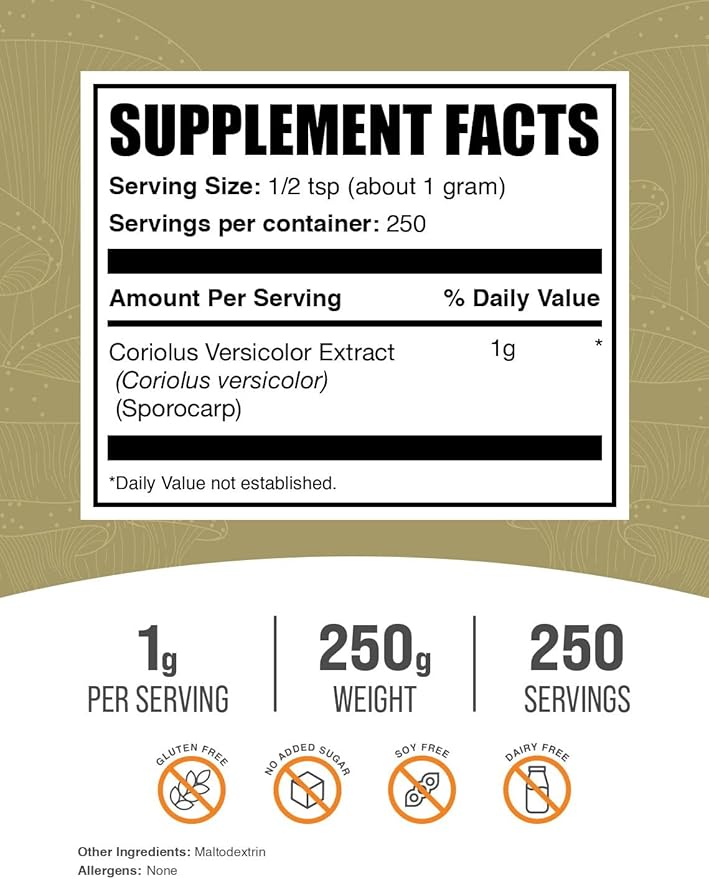 BulkSupplements.com Turkey Tail Mushroom Extract Powder - Coriolus Versicolor Extract Mushroom Supplement - Vegan &amp Gluten Free 1g per Serving 250g (8.8 oz) (Pack of 1)