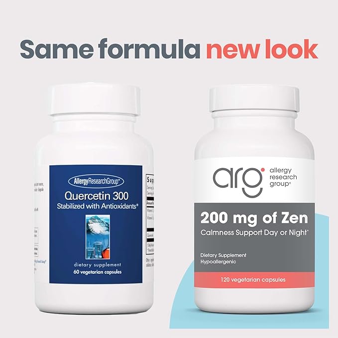 Allergy Research Group ARG 200 mg of Zen - Supports Calm and Stress Balance - Delivers 200 mg L-Theanine &amp 550 mg GABA per Serving - Vegetarian &amp Hypoallergenic - 60 Servings - 120 Capsules
