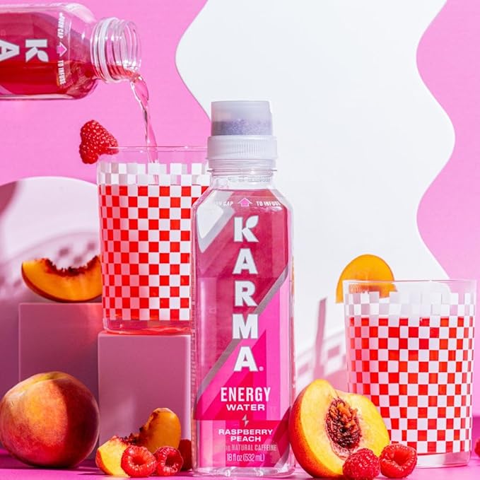 Karma Energy Drink – 12 Pack Raspberry Peach Caffeinated Water with Cognizin® Nootropics Vitamins &amp Immune Support Low Calorie
