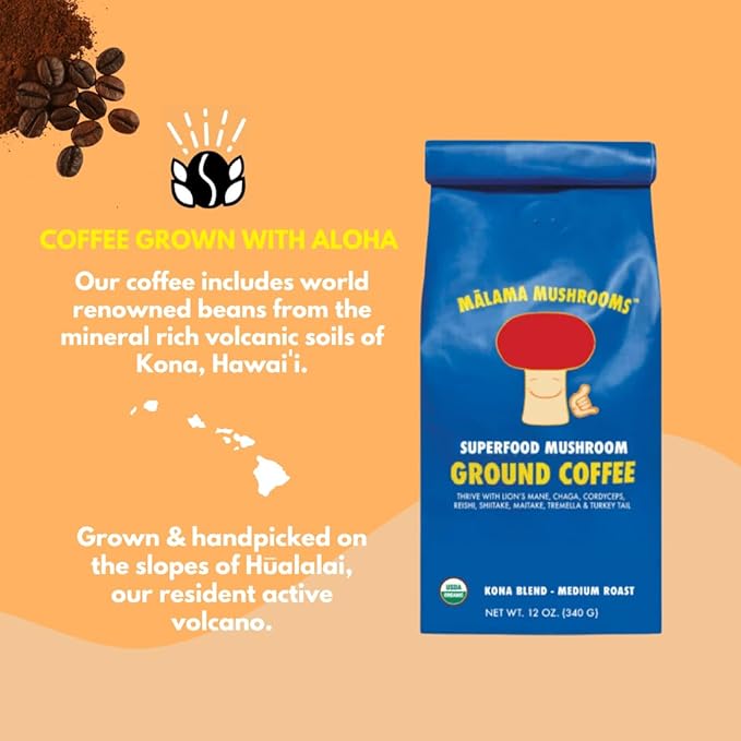 Organic Ground Mushroom Coffee by Malama | 8-Mushroom Superfood Blend with Lion’s Mane Reishi Cordyceps for Focus &amp Immune Support | Low Acid Smooth Bold Flavor Adaptogenic Energy | 12oz Bag