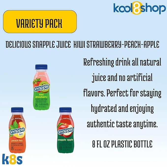 Snapple Variety Pack All Natural Juice Drink 8 fl oz Mini Plastic Bottle 24 Pack + 2 Reusable Snack Bags by KOOL8SHOP Infinite Deals