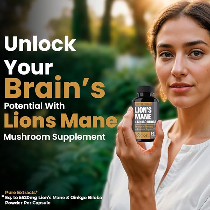 NooMost Lions Mane Supplement Organic Capsules - With Ginkgo Biloba - Cognitive Health Focus &amp Memory Support - Natural Superfood for Brain Energy &amp Immune Health - Non GMO- 60 Caps - 2 Mont