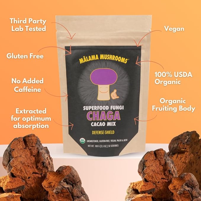 Malama Organic Mushroom Hot Cacao Mix Chaga Mushroom Powder with Fair Trade Cacao for Immune &amp Antioxidant Support – Vegan Supplement &amp Superfood Non GMO 3.5 oz (50 Servings)