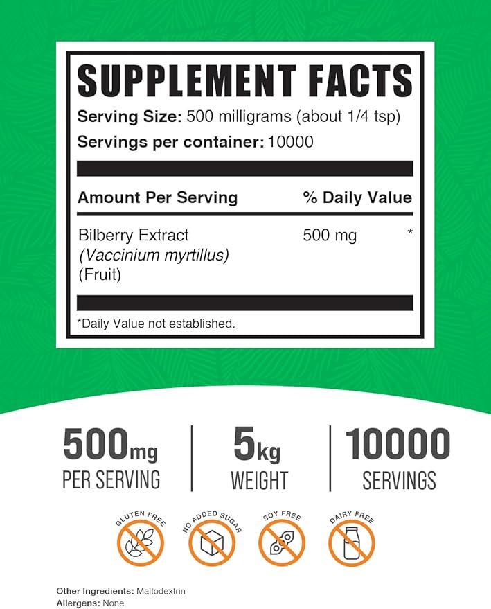 BulkSupplements.com Bilberry Extract Powder - Bilberry Fruit Extract Bilberry Powder Bilberry Supplement for Eyes - Glulten Free 500mg per Serving 5kg (11 lbs) (Pack of 5)