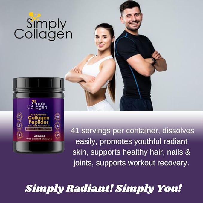 Simply Collagen® Hydrolyzed Collagen Peptides Powder – Grass-Fed Unflavored Type I &amp III – Supports Hair Skin Nails Bones &amp Joints – 41 Servings