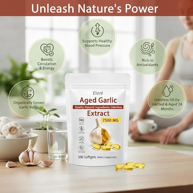 ELARE Aged Garlic Extract - 7500mg Odorless Per Servings Potent Antioxidant Supplement Immune Support Vegetarian All-Natural Non-GMO 300 Softgels