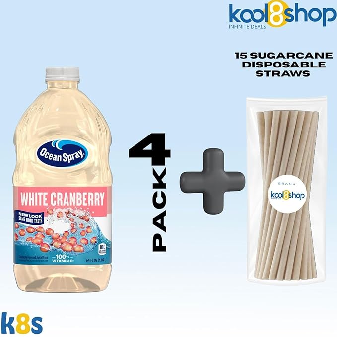 Ocean Spray White Cranberry Juice Drink 64 fl oz Plastic Bottles 4 Pack + 15 Sugarcane Disposable Straws by KOOL8SHOP Infinite Deals
