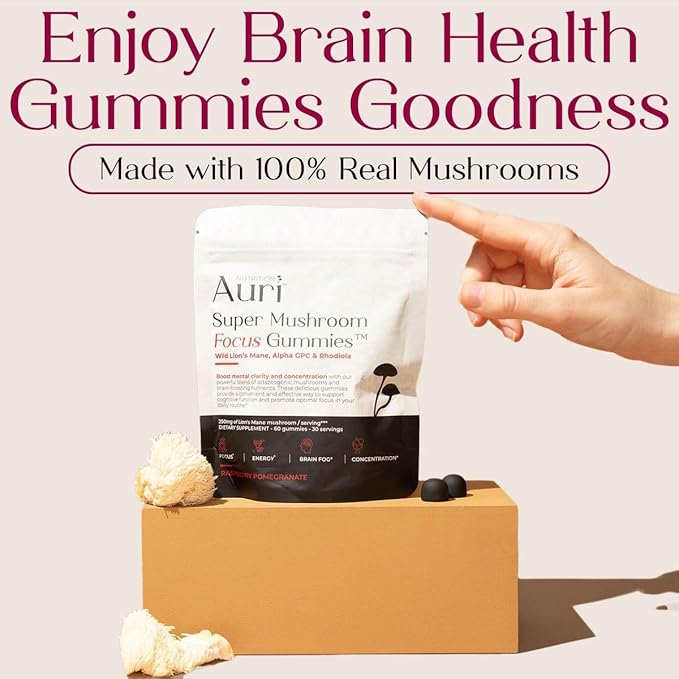 Auri Nutrition Super Mushroom Focus Gummies w/Lion's Mane Alpha GPC &amp Rhodiola – Mushroom Supplement to Support Cognitive Function Mental Clarity Focus &amp Energy 60 Gummies Vegan Friendly