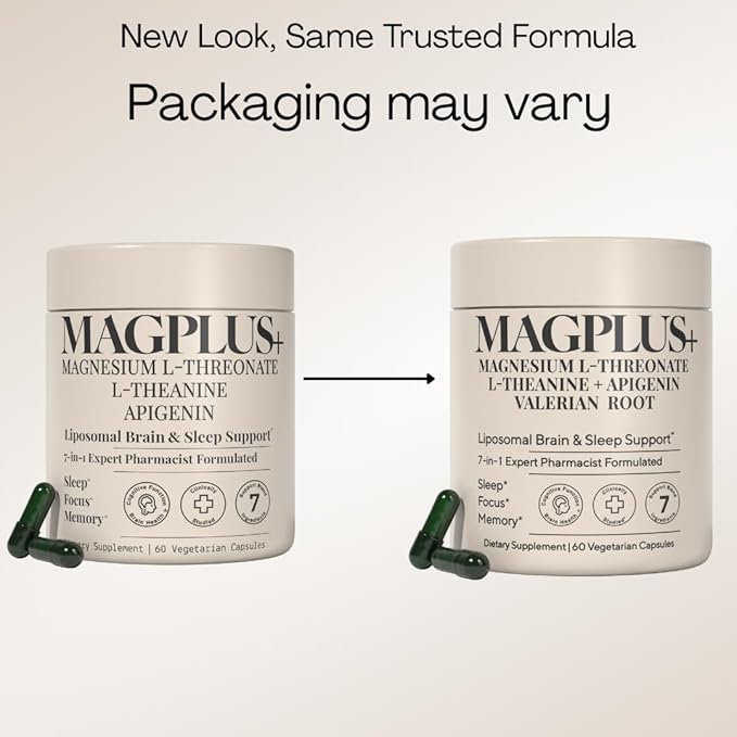 MAGPLUS+ Magnesium L-Threonate w Apigenin &amp L Theanine | 7-Ingredient Sleep Blend | Brain Memory &amp Sleep Support | Liposomal Magnesium Threonate Supplement (60 Capsules)