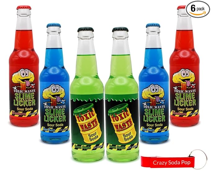 Toxic Waste Soda Variety Pack | 6 Pack of 3 Unique Pucker Inducing Flavors of Soda Pop with Real Cane Sugar | 12 oz Glass Bottles in a Mixed Sampler with Crazy Soda Pop Bottle Opener