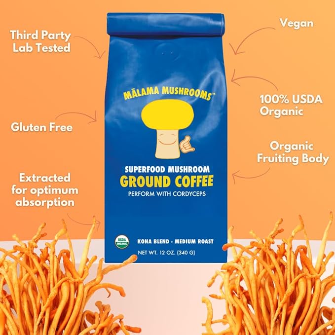 Cordyceps Coffee by Malama Fruiting Body Cordyceps Mushrooms blended with Kona Coffee Superfood Adaptogenic Mushroom Extract with Fair Trade Coffee Medium Roast Ground Coffee 12 oz