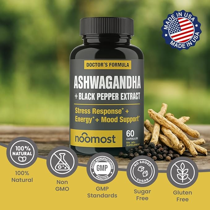NooMost Ashwagandha Root Extract 15:1 with Black Pepper for Better Absorption - 60 Capsules - Natural Stress Energy Focus &amp Sleep Support - Adaptogen Supplement for Men &amp Women - Made in USA