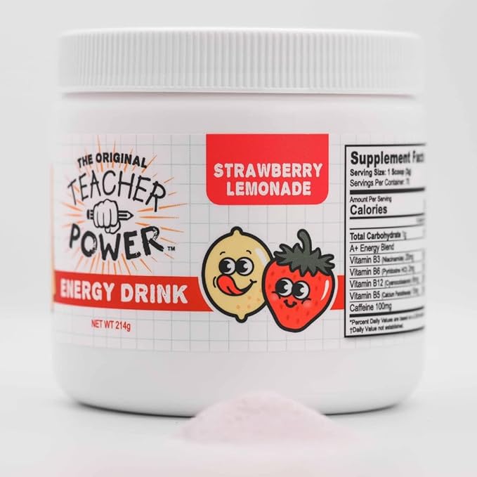 Teacher Power (The Original) Sugar Free Energy Drink 70/servings per Jar 100mg Caffeine with B Vitamins (Strawberry Lemonade)