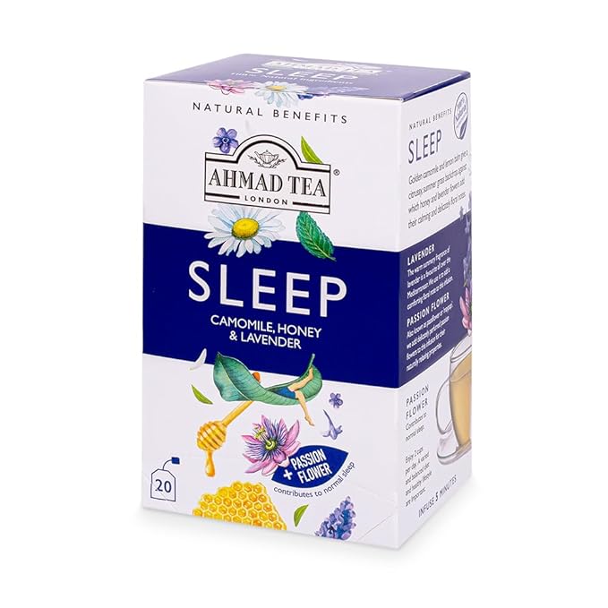 Ahmad Tea Herbal Tea Camomile Honey &amp Lavender 'Sleep' Natural Benefits Teabags 20 ct (Pack of 6) - Decaffeinated &amp Sugar-Free