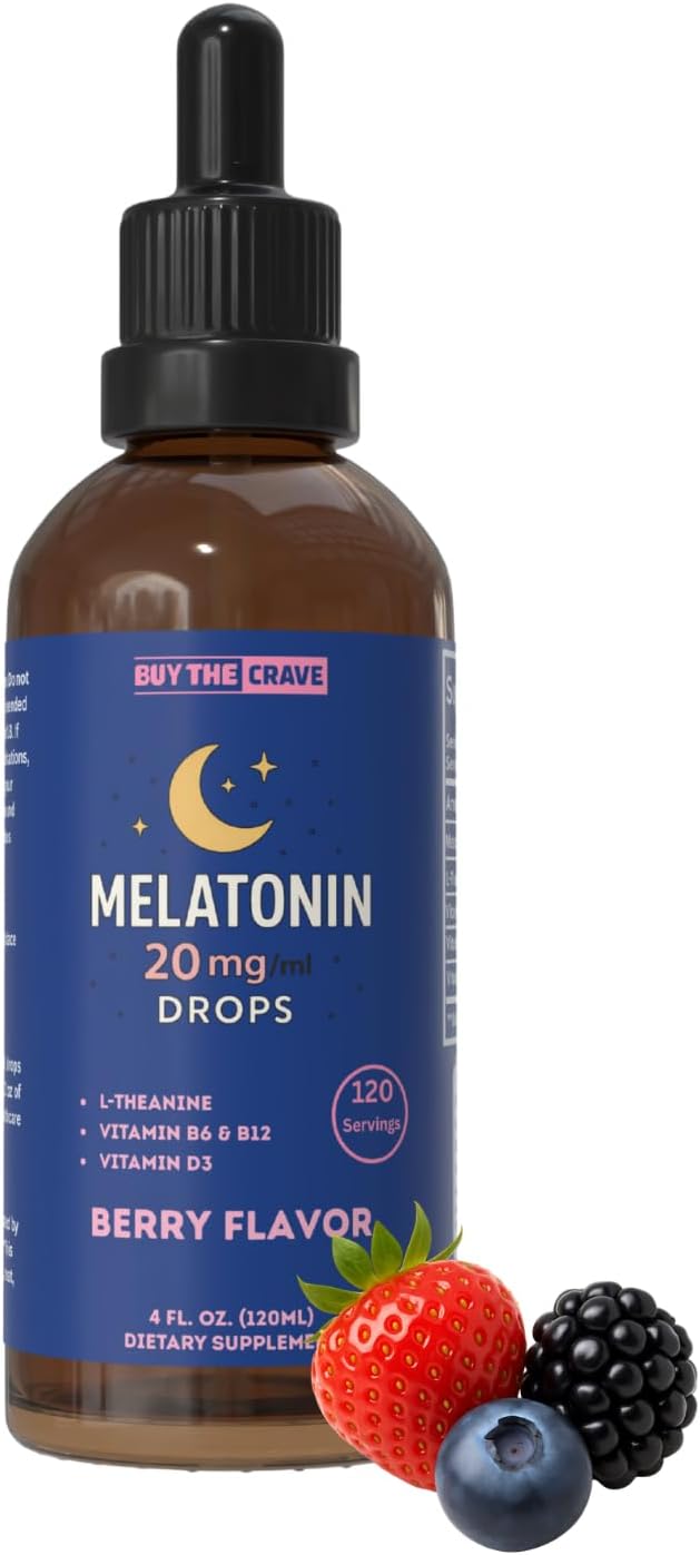 Melatonin Drops 20mg with L-Theanine Vitamin B6 B12 &amp D3 – Berry Flavor Sleep Support Fast-Acting Liquid Melatonin 4 fl oz (120mL) Natural Nighttime Relaxation Formula