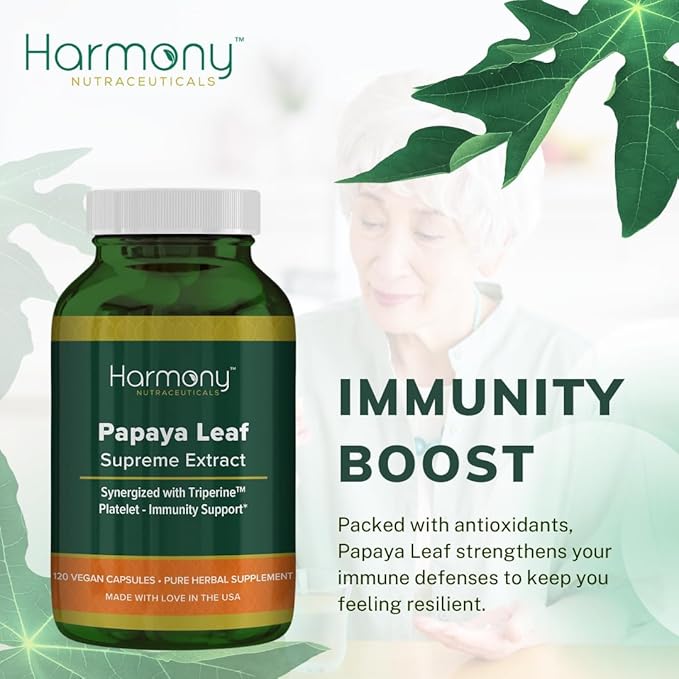 Harmony Nutraceuticals Papaya Leaf Supreme Extract Highest Potency Maximum Bioactivity Organic Dr. Gumman's Clinical Grade 120 Vegan Capsules Synergized with Triperine