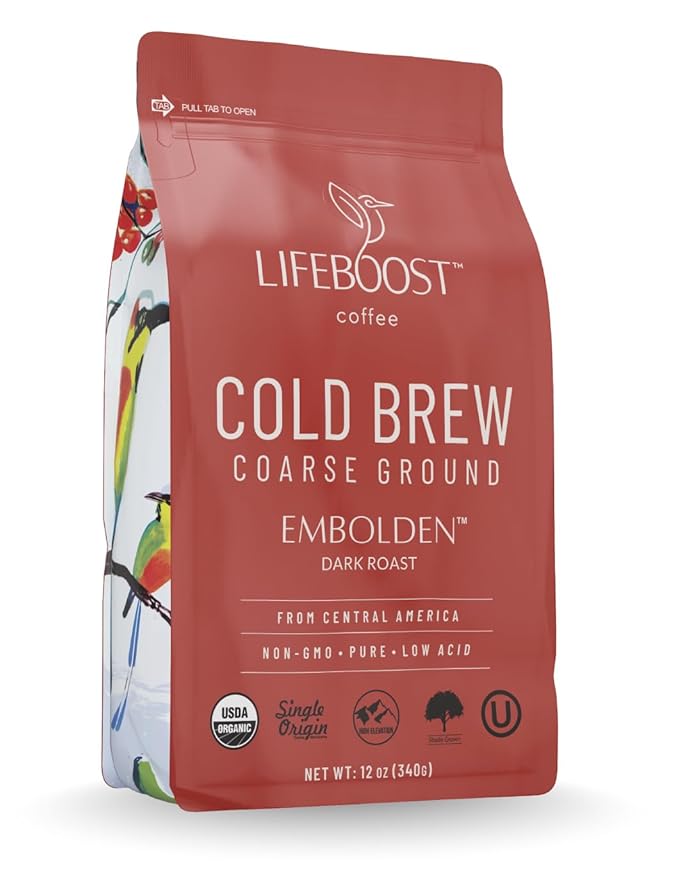 Lifeboost Dark Cold Brew Coffee - Single Origin Non-GMO USDA Organic Low Acid Coarse Ground Coffee for Cold Brew - 3rd Party Tested For Mycotoxins &amp Pesticides - 12 Ounces