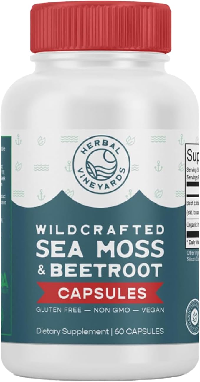 Herbal Vineyards Organic Wildcrafted Sea Moss and Beetroot 60 Capsules | Immune Support Digestive Health &amp Improved Energy | Vegan Friendly | Non-GMO | Ethically Sourced