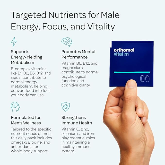 Orthomol Vital M Powder &amp Tablet Packet for Men 30-Day Vitamin Supplement – Daily Energy Fatigue Reduction &amp Vitality Support with Vitamins A B C D E K Omega-3 &amp Iodine