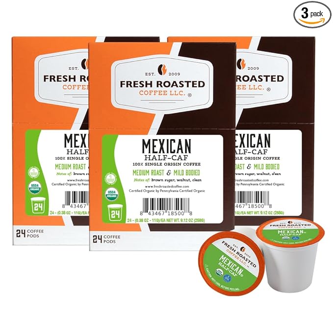 Fresh Roasted Coffee Organic Mexican Water-Processed Half-caf | USDA Kosher | Medium Roast 72 Pods for K Cup Brewers