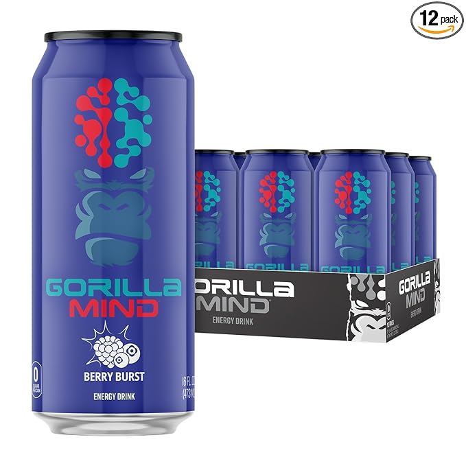 Gorilla Mind Energy Drink | Unmatched Energy · Amplified Focus | N-Acetyl-L-Tyrosine Alpha-GPC 200mg Caffeine Uridine Saffron | 0 Sugar Or Artificial Colors | 16oz 12-Pack (Berry Burst)