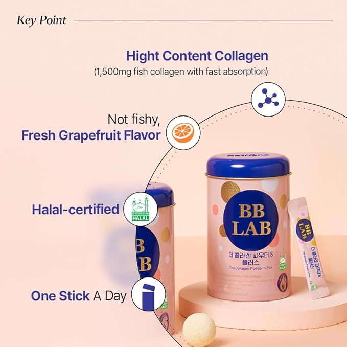 BB LAB Collagen Powder S Plus Halal Low Molecular Korean Collagen Powder Stick Supplement Marine Fish Collagen Peptides Vitamin C Glycine Fast Absorption Grapefruit Flavor