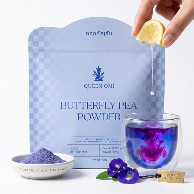 Queen Omi Organic Butterfly Pea Flower Tea Powder| Herbal Tea | Natural Food Coloring | Caffeine Free Tea | Plant Based Superfood | Blue Matcha | Color Changing Magic | Sun Dried in Thailand | 80g