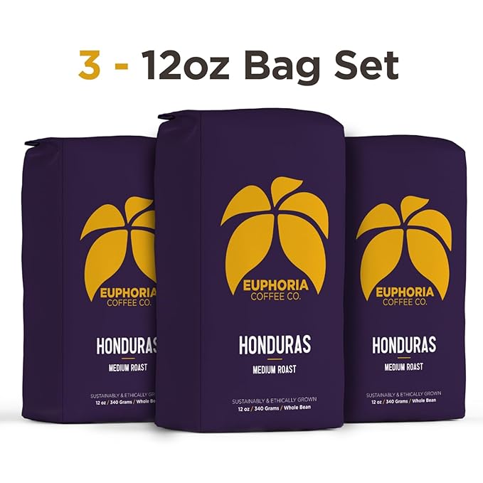 EUPHORIA COFFEE CO. Honduras Whole Bean Coffee - Medium Roast | 12oz Bag (3 Pack)