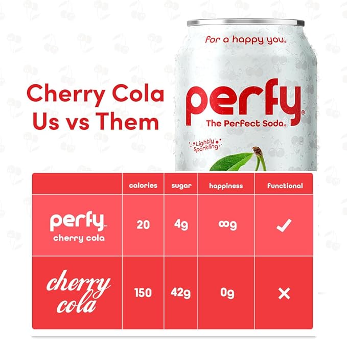 PERFY Caffeine Free Cherry Cola Soda | Made With Real Juice – Low Sugar Nootropic Drink with L-Theanine + Ashwagandha | Calming Adaptogen Mocktail | Keto | Sweetened with Stevia &amp Monk Fruit | 12-