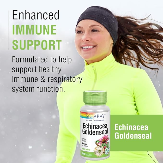 SOLARAY Echinacea Root &amp Goldenseal Root Supplement - 500 mg per Serving Non-GMO Vegan &amp Lab Verified - 100 Count VegCaps