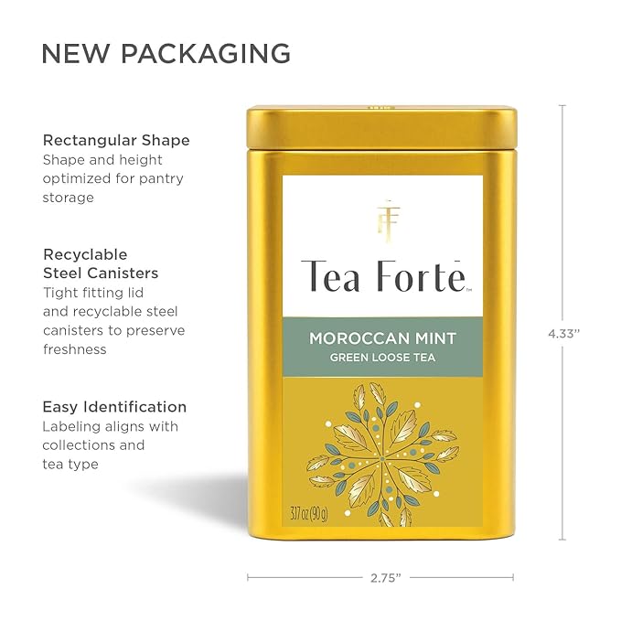 Tea Forte Moroccan Mint Premium Loose Leaf Caffeinated Green Tea Blend Canister Makes 35-50 Servings