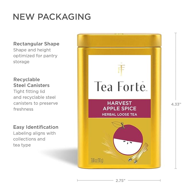 Tea Forte Harvest Apple Spice Premium Loose Leaf Caffeine-Free Herbal Tea Blend Canister Makes 35-50 Cups