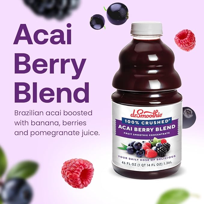 Dr. Smoothie 100% Crushed Acai Berry Blend – No Added Sugar Made with Real Fruits/Fruit Juice – Vegan No Artificial Colors or Flavors – Brazilian Acai Banana Berries &amp Pomegranate – 46 oz Bott