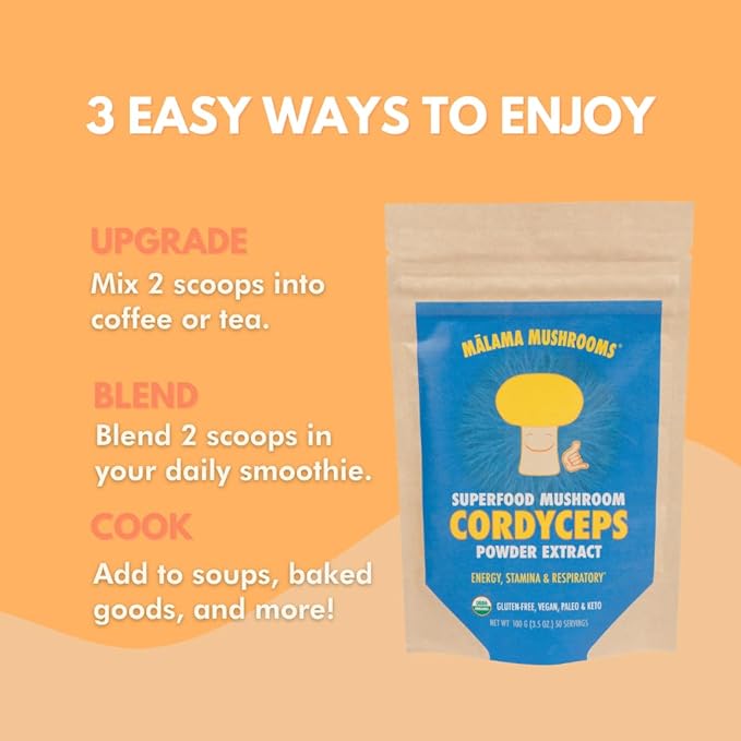 Cordyceps Extract Powder by Malama Organic Fruiting Body Cordyceps Mushroom Powder Superfood Adaptogenic Supports Energy Endurance &amp Mood 100 Servings