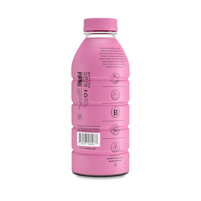 PRIME Hydration STRAWBERRY WATERMELON Sports Drinks Electrolyte Enhanced for Replsnishing Fluids 250mg BCAAs B Vitamins Antioxidants Low Sugar 16.9 Fl Oz 12 Pack