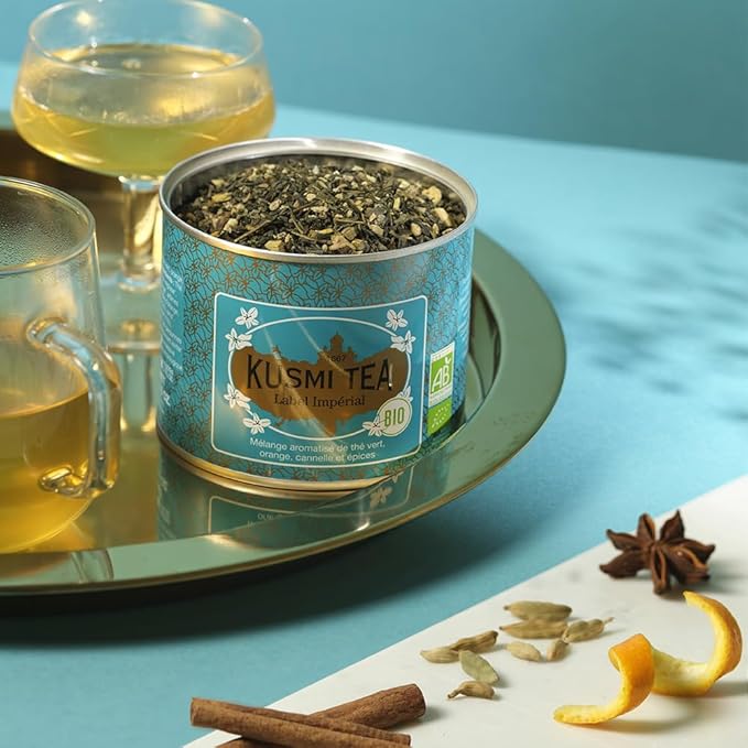 Kusmi Tea - Label Imperial - Organic Green Tea - Blend of Chun Mee Green Tea Cinnamon Cardamom Orange Peel and Licorice - Citrus &amp Spices - Loose Leaf Tea - Tin Box of 3.5 oz - for about 50 cup