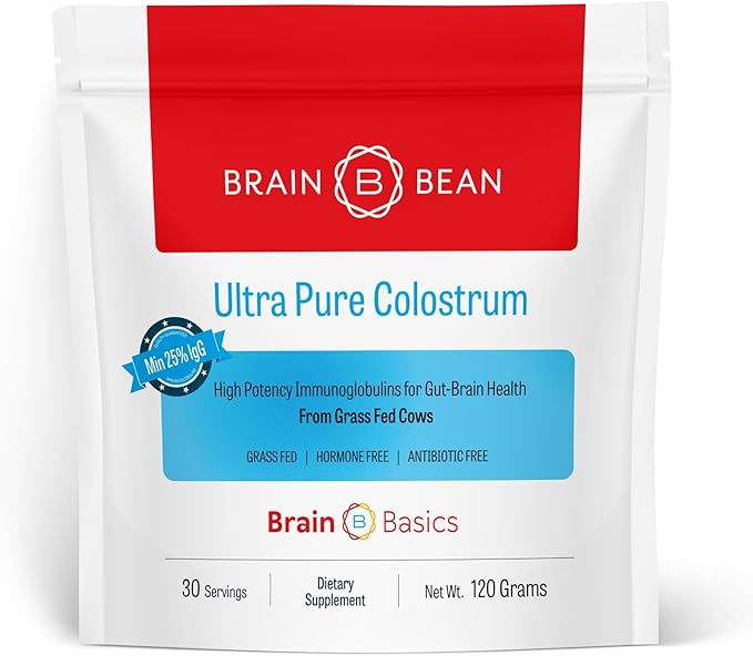 Brain Basics Ultra-Pure Colostrum 4000mg per Serving Min 25% IgG antibodies Gut-Brain-Immune Health Glowing Hair and Skin. Colostrum Powder from Grass-Fed Cows. 120 Grams - 30 Servings