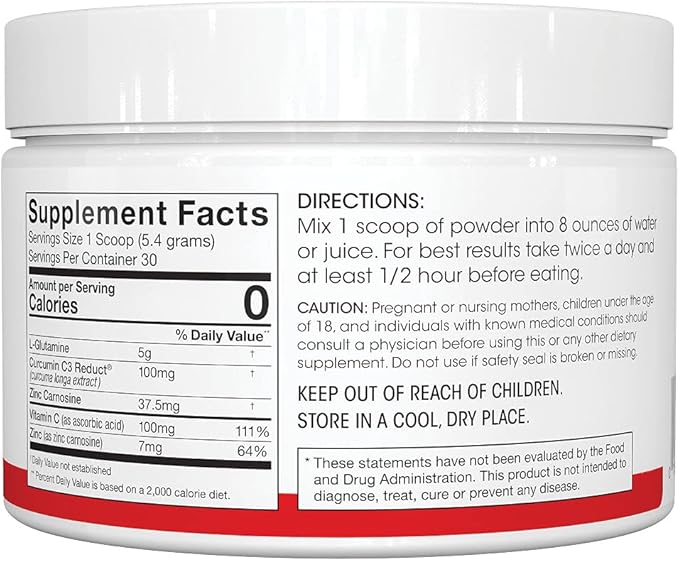 Silver Fern Gut Repair - Digestive Health Supplement Powder - L-Glutamine Curcumin Zinc &amp Ascorbic Acid (1 Tub - 30 Servings)